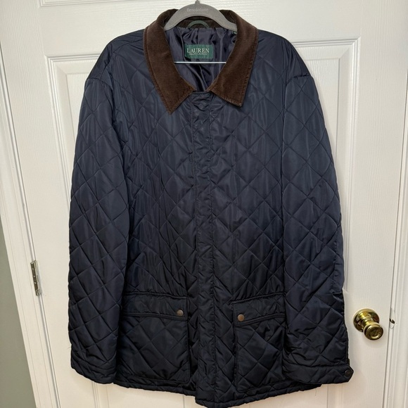 Lauren Ralph Lauren Navy Quilted Jacket with Brown Corduroy Trim Womens XL GUC - Picture 1 of 8
